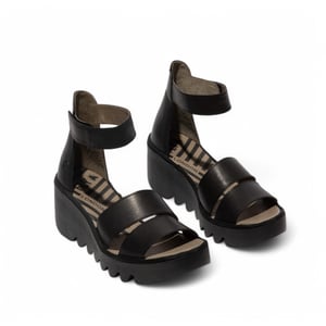 Fly London Dames BONO290FLY Zwarte Mousse Leren Sandalen Espadrille Wedges