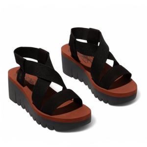 Fly London Dames YABI922FLY Zwarte Baksteen Cupido Leren Sandalen Espadrille Platform Wedges