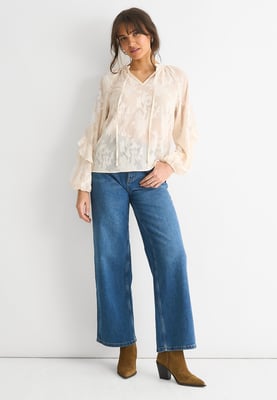 Blouse met lange mouwen en crèmekleurige jacquardbloemen