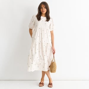 Broderie Katoenen Smock Midi Jurk