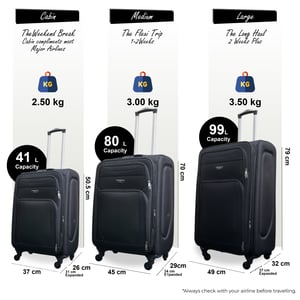 Zachte, lichtgewicht zwarte nylon reiskoffer met 4 wielen, vakantiekoffer