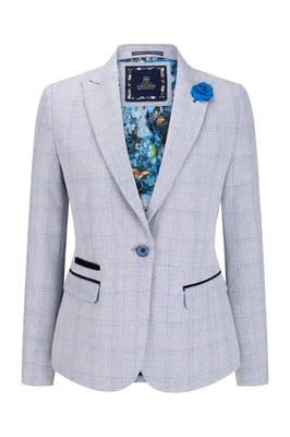 Dames blauw geruite blazer van wolmix met visgraatmotief en tweedmotief