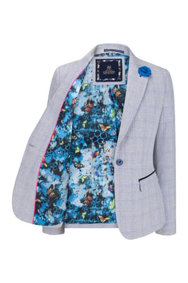 Dames blauw geruite blazer van wolmix met visgraatmotief en tweedmotief
