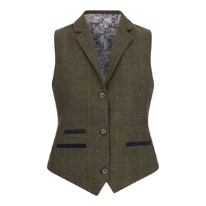 Dames olijfgroen getailleerde tweed gilet met visgraatmotief