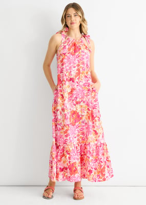 Trapeze jurk met rode bloemenbandjes