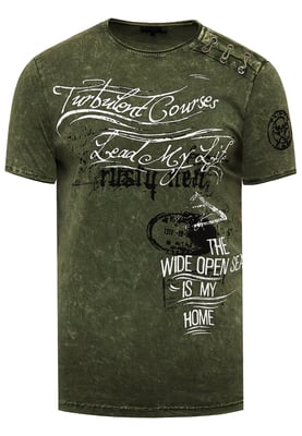 Olie-gewassen T-shirt met knoopjes aan de zijkant en prints