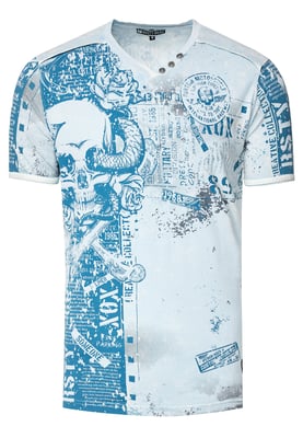 T-shirt met V-hals en all-over skull- en slangprint en suède details