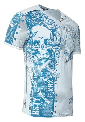 T-shirt met V-hals en all-over skull- en slangprint en suède details