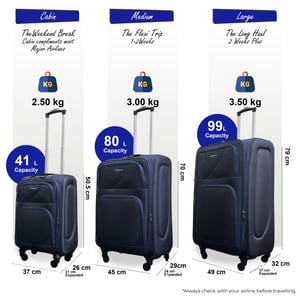 Zachte, lichtgewicht marineblauwe nylon reiskoffer met 4 wielen, vakantiekofferset