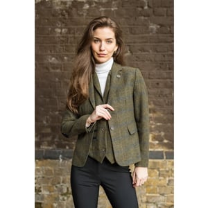 Olijfgroene 2-delige set van tweedblazers en gilet met visgraatmotief voor dames