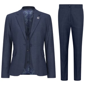 Marineblauw driedelig getailleerde damespak met Prince of Wales-ruit