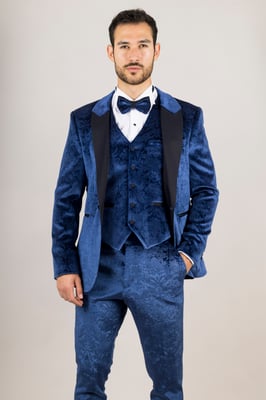 Heren Blauwe 3-delige Fluwelen Trouw Tuxedo Formele Pak