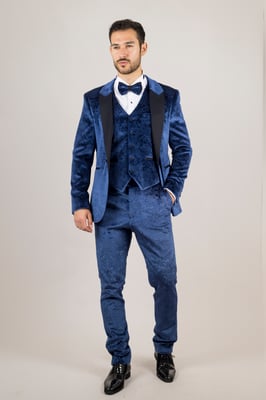 Heren Blauwe 3-delige Fluwelen Trouw Tuxedo Formele Pak