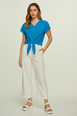 Blouse met gestrikte voorkant in azuurblauw – 100% viscose-voile