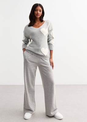 Grijze V-hals oversized gebreide hart trui