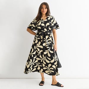 Florale V-hals Midi-jurk met Elastische Taille