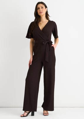 Trui wikkel-jumpsuit met wijde pijpen in chocoladestructuur