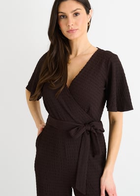 Trui wikkel-jumpsuit met wijde pijpen in chocoladestructuur