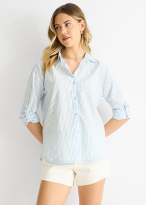 Blauw Katoenen Streep Shirt Met Opgerolde Mouwen