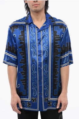 Bandana-motief bowlingshirt in blauw, zwart
