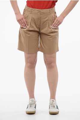 Dubbelgeplooide stretchkatoenen shorts met riemlussen in beige