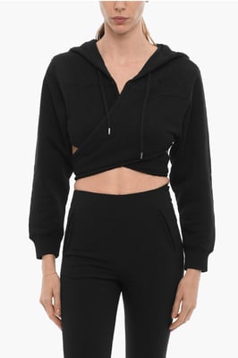 Effen cropped hoodie met wikkelmotief in zwart