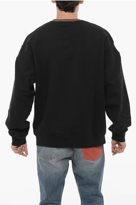 Fleece katoenen VARSITY sweatshirt met ronde hals in Marrone, Nero
