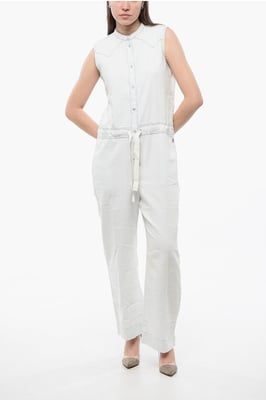 Mouwloze denim jumpsuit met trekkoord in de taille in wit