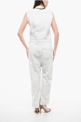 Mouwloze denim jumpsuit met trekkoord in de taille in wit