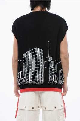 Geborduurde SKYLINE mouwloze trui in zwart