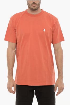 Effen T-shirt met ronde hals en kruisborduursel in oranje
