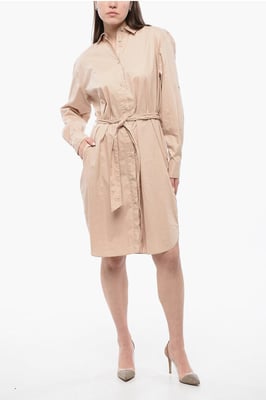 Geceintuurde jurk met lange mouwen in beige