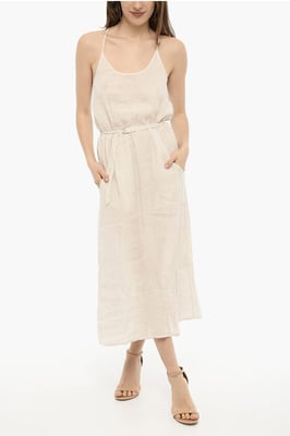 Awning gestreepte linnen maxi-jurk met riem in beige, wit