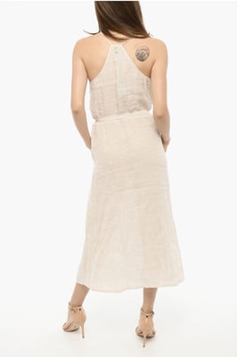 Awning gestreepte linnen maxi-jurk met riem in beige, wit