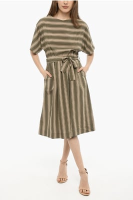 Bayadere gestreepte SCULLY maxi-jurk met riem in beige, verde
