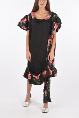 MM0 zijden maxi-jurk met bloemenprint en blote schouders in zwart