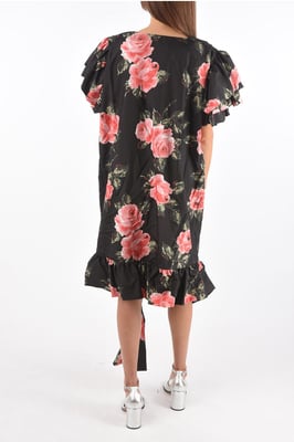 MM0 zijden maxi-jurk met bloemenprint en blote schouders in zwart