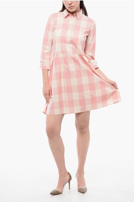 Geruite jurk met lange mouwen in wit, roze