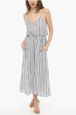 Awning gestreepte linnen maxi-jurk met riem in Bianco, Blu