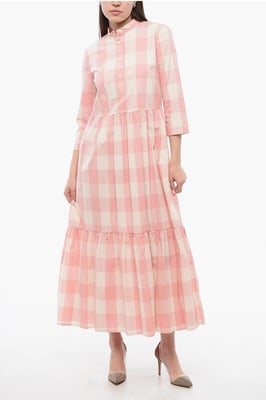 Geruite lange jurk in wit, roze