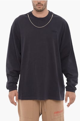 T-shirt met lange mouwen, ronde hals en zilverkleurige ketting in blauw