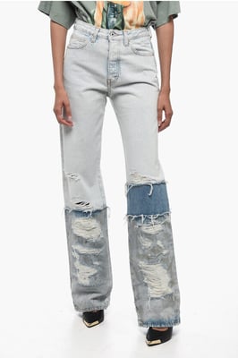Boyfriend Fit Denim van katoen met contrasterende banden, 24 cm in lichtblauw