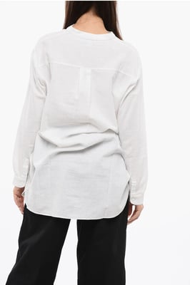 Lange blouse van linnenmix met mandarijnkraag in wit