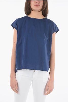 Blouse van Popeline-katoen met korte mouwen in blauw