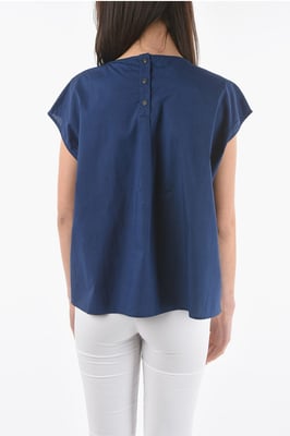 Blouse van Popeline-katoen met korte mouwen in blauw