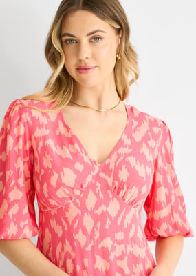 Roze viscose midi-jurk met dierenprint