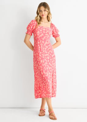 Roze Dierenprint Vierkante Hals Viscose Midi Dress