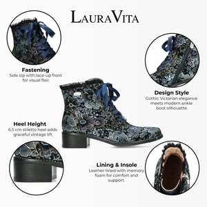 Laura Vita Emcmao-45 Blauwe bloemen dames gotische Victoriaanse leren enkellaarsjes met hak