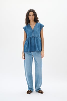 Blouse met korte mouwen Regular fit Washed Denim blue