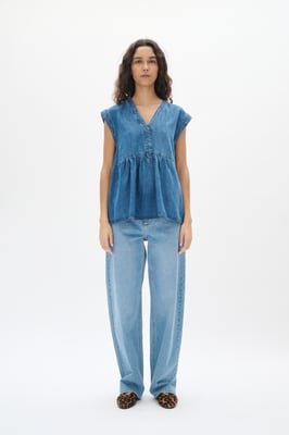 Blouse met korte mouwen Regular fit Washed Denim blue